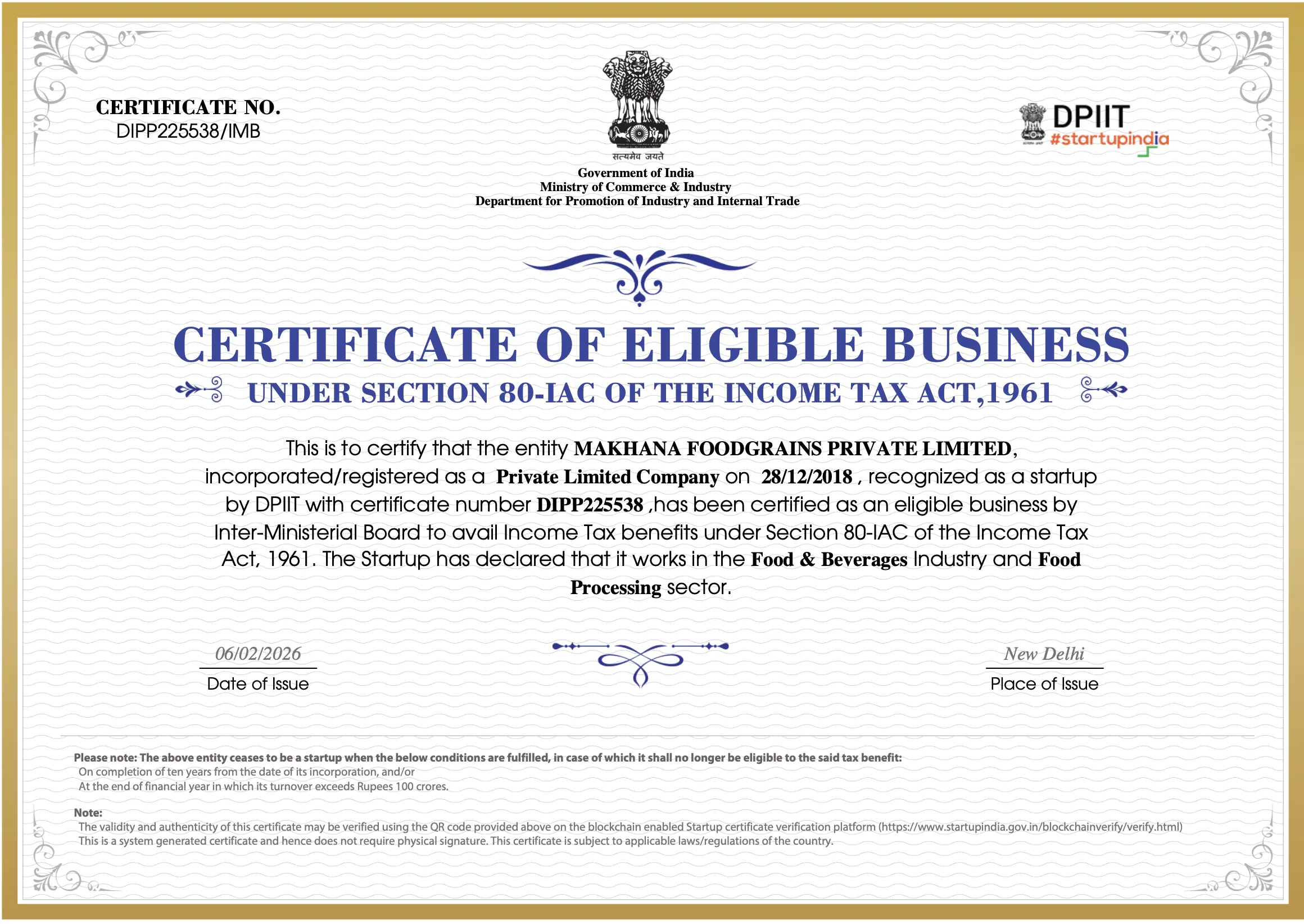 Certificate Of Eligible Business Under Section 80-IAC