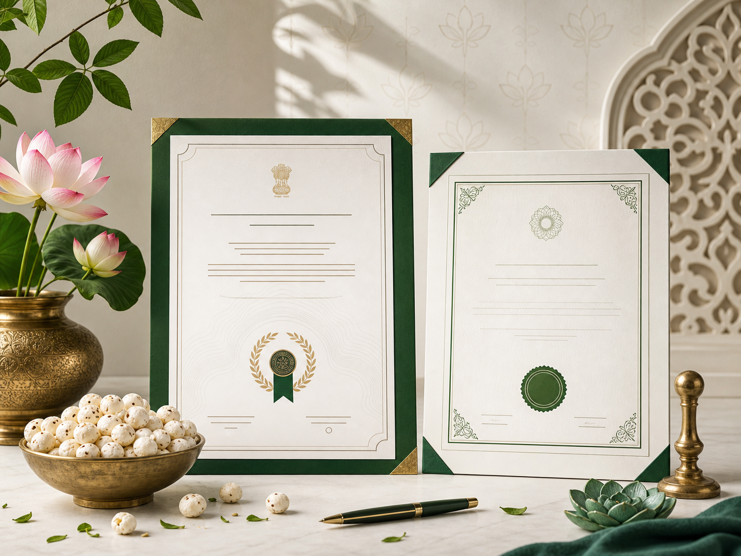 Illustration of certification documents, makhana, and Indian heritage details