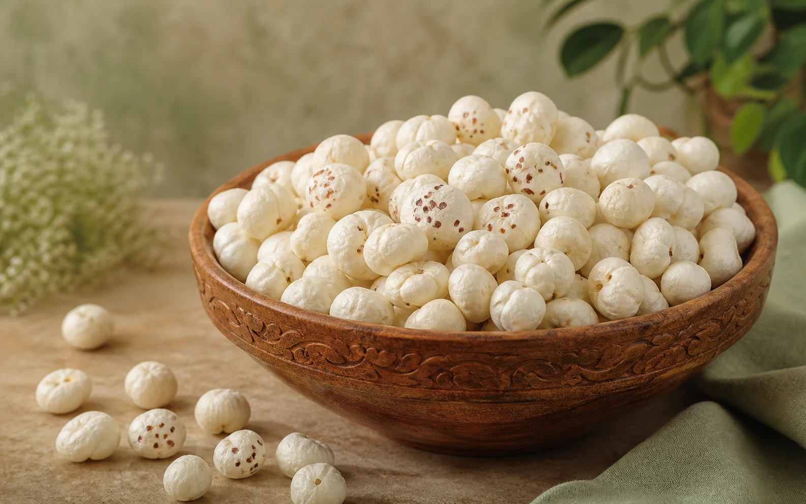 A handcrafted bowl filled with premium white makhana